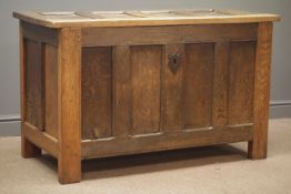 19th century panelled oak coffer, hinged lid, stile supports, W123cm, H75cm,