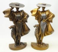 Two Austin Art Deco style bronzed figures of a woman stood beside a Borzoi dog, designed by A.