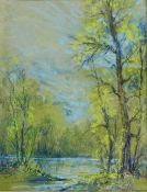 River Landscape, pastel signed by John William Howey (Staithes Group 1873-1938)