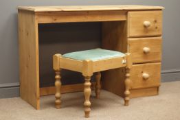 Pine desk with three drawers (W115cm, H77cm, D46cm) and stool, upholstered seat,