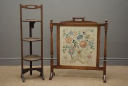 Early 20th century oak folding cake stand and an oak fire screen with floral tapestry