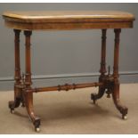 Victorian inlaid walnut burr games table, red baize,