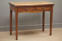 Early 20th century mahogany folding tea table, two drawers, square tapering supports, W91cm, H75cm,