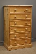 Pine six drawer chest, plinth base, W67cm, H109cm,