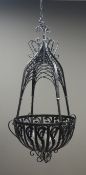 Large ornate hanging basket, black paint finish, with bracket,