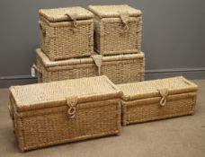 Set five graduating wicker baskets, hinged lid, side handles, W85cm, H46cm,