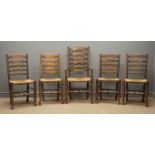 Set five Victorian oak ladder back chairs (4+1), rush seats,