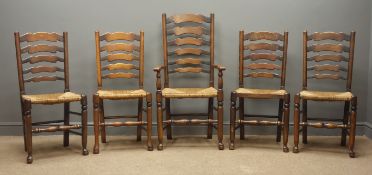 Set five Victorian oak ladder back chairs (4+1), rush seats,