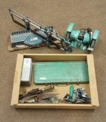Tools including double headed bench grinder, socket set, mitre saw,