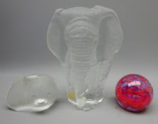 Two Mats Jonasson of Sweden paperweights; etched Elephant signed, H20cm,