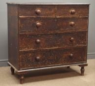 19th century scumbled pine chest, two short and three long drawers, turned feet, W110cm, H107cm,