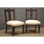 Pair Edwardian mahogany bedroom chairs, pierced splat, upholstered seat,
