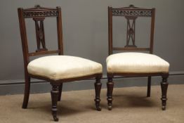 Pair Edwardian mahogany bedroom chairs, pierced splat, upholstered seat,