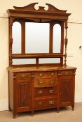 Edwardian walnut sideboard, shaped and carved pediment, two turned and fluted columns,