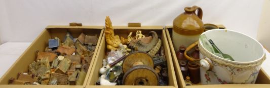 Collection of ceramic cottages, quantity of chess pieces, various other figures,