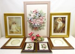 Pair of prints of girls with flowers, in gilt frames, W50cm, H60cm,