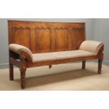 19th century oak and beech panelled back settle, upholstered seat and arms, turned supports, W192cm,