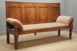 19th century oak and beech panelled back settle, upholstered seat and arms, turned supports, W192cm,