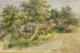 Cottage in a Wooded landscape, early 20th century watercolour, inscribed verso Stark,