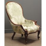 Victorian walnut framed nursing chair upholstered in a soft apple Duresta fabric,