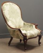 Victorian walnut framed nursing chair upholstered in a soft apple Duresta fabric,