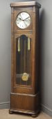 Early 20th century oak longcase clock, silvered Arabic dial, triple weight driven movement,