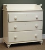 White painted pine chest with raised washstand back, three drawers, turned feet, W87cm, H93cm,