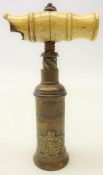 19th Century Thomason brass corkscrew with turned bone handle and applied coat of arms, L20.