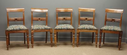 Set five Victorian mahogany dining chairs with reeded middle rails, upholstered seats,