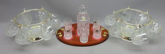 Bohemian crystal liqueur set with five tumblers and decanter on two handle tray and two glass punch