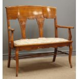 Early 20th century two seat walnut salon settee, pierced splat, upholstered seat,