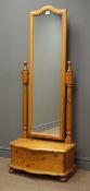Pine cheval dressing mirror, arched cresting rail, turned supports,