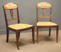 Pair Edwardian inlaid chairs, shaped splats, upholstered seats and backs,