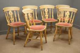 Set six beech farmhouse style chairs shaped and pierced splat, upholstered seats,