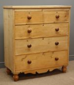 Large 19th century pine chest, two short and three long drawers, shaped apron, turned feet, W105cm,
