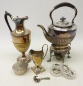 Victorian spirit kettle on stand, similar style silver-plated claret jug,