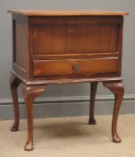 Early 20th century walnut sewing table, hinged lid, above single drawer, cabriole supports, W50cm,
