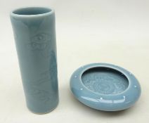 Chinese Celadon glaze cylindrical brush pot incised with clouds, H13.