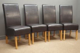 Set four black leather high back dining chairs,
