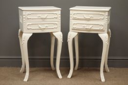 Pair white painted bow fronted French style bedsides, two drawers,