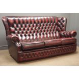 Georgian style wingback three seat sofa (W188cm) and pair matching armchairs upholstered in deeply