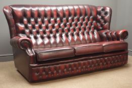 Georgian style wingback three seat sofa (W188cm) and pair matching armchairs upholstered in deeply