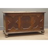 19th century oak coffer, carved panelled hinged lid, bun feet, W108cm, H61cm,