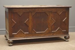 19th century oak coffer, carved panelled hinged lid, bun feet, W108cm, H61cm,