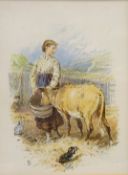 Girl Feeding Cow, colour print after Myles Birket Foster (British 1825-1899) 12.5cm x 9.