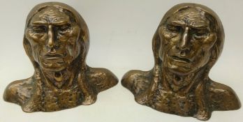 Pair bronze bookends modelled with busts of Native Americans, signed West, 1913,