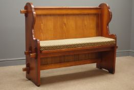 Church pew style seat, solid back, upholstered seat, W135cm, H103cm,