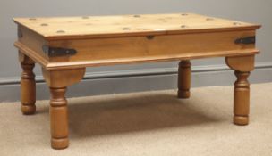 Mexican pine coffee table, studded top, turned supports, W90, H43cm,