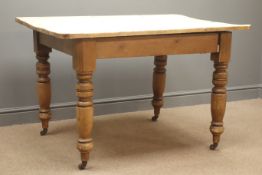 Rectangular pine farmhouse table, turned supports, 117cm x 90cm,