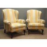 Pair wingback armchairs upholstered in stripe cover,